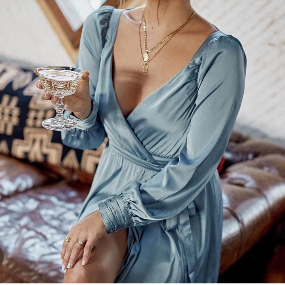 Blue Satin Wrap Dress Backyard Roses